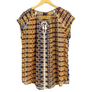 Hannah Multicolor His Lion Tassel Tie Front Crochet Detail Blouse, Size Medium